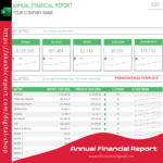 Annual Financial Report Excel Template featuring sections for income statements, balance sheets, cash flow reports, and visual charts.