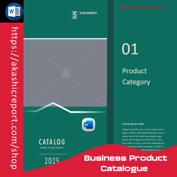 "Business product catalogue template in MS Word with sections for product images, descriptions, and pricing."