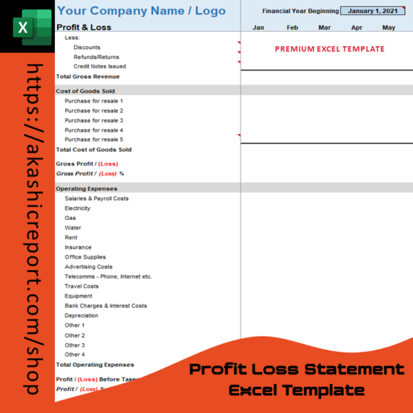 A professional Profit and Loss Statement Excel template with organized financial categories and customizable fields.