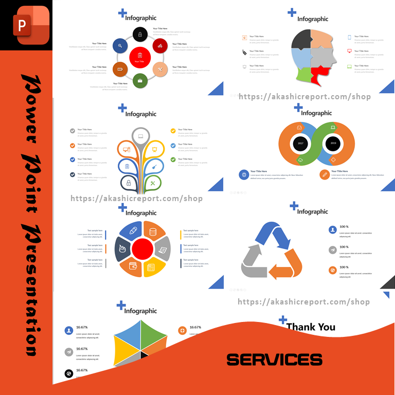 Services PowerPoint template with structured slides for business service offerings, pricing models, and workflow processes.