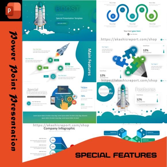 Modern PowerPoint template with business analytics, special features, and creative design elements.