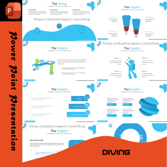 A professionally designed diving PowerPoint template featuring underwater visuals, diving gear descriptions, and marine adventure slides.