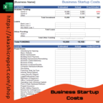 A Business Startup Costs Excel template displaying expense categories, automated calculations, and financial summaries.