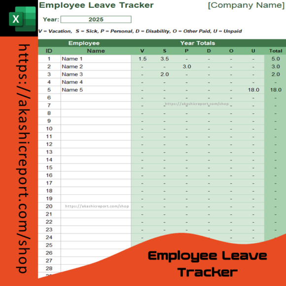 Employee Leave Tracker template in Excel, showing leave balances and dates for each employee.