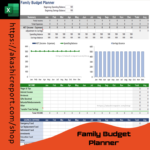 Family Budget Planner Excel template displaying income, expenses, and savings tracking.