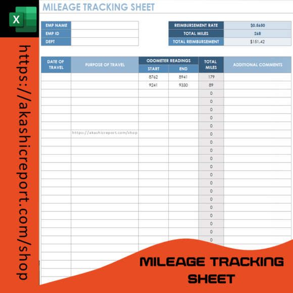 "Mileage Tracking Sheet Excel Template for recording vehicle mileage and fuel expenses