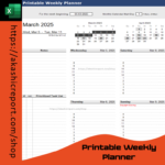 Printable Weekly Planner Excel Template featuring daily task sections, priorities, and notes.