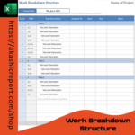 A Work Breakdown Structure (WBS) Excel template displaying hierarchical task organization, project phases, and task dependencies.