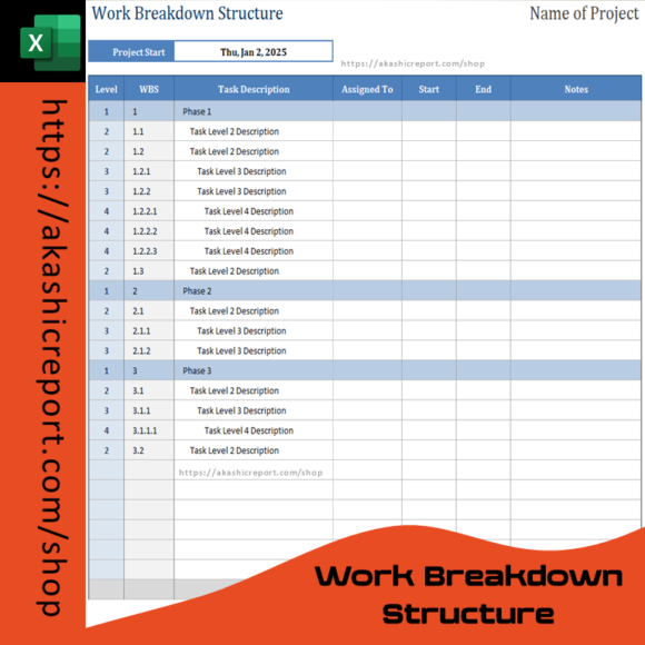 A Work Breakdown Structure (WBS) Excel template displaying hierarchical task organization, project phases, and task dependencies.