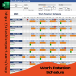 Work Rotation Schedule template in Excel, showing employee shifts and rotation cycles