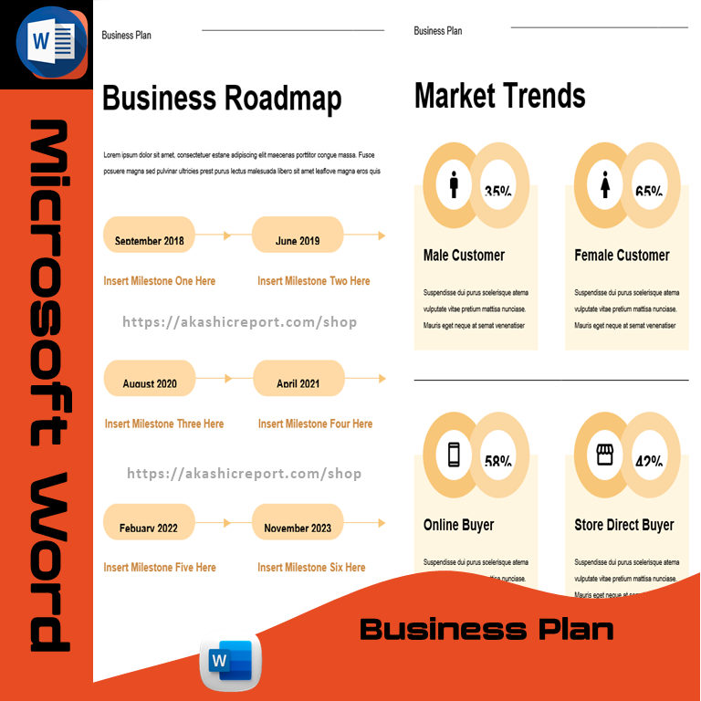 A professional business plan template with structured sections for market analysis, financial projections, and business strategy, fully editable in MS Word.