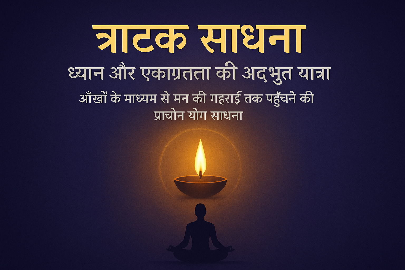 त्राटक साधना ब्लॉग कवर पेज – दीपक की लौ और ध्यान मुद्रा में साधक, शीर्षक: त्राटक साधना – ध्यान और एकाग्रता की अद्भुत यात्रा।