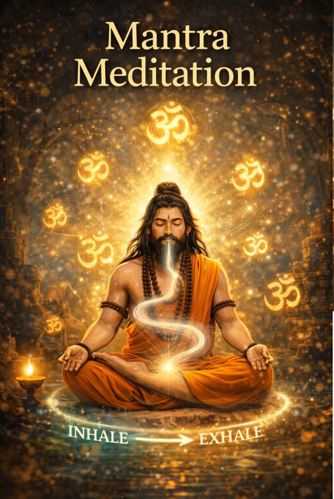 ध्यानस्थ साधक मंत्र का जाप करता हुआ, उसके चारों ओर सकारात्मक ऊर्जा का हल्का प्रकाश मंडल, मानसिक शांति और ध्यान की स्थिति को दिखाता हुआ