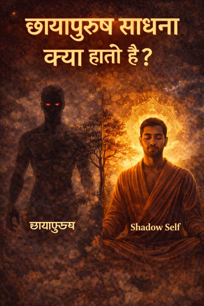 “छायापुरुष साधना क्या होती है? – एक आध्यात्मिक चित्र जिसमें बाएं तरफ छायापुरुष लाल आंखों वाला अर्ध-पारदर्शी रूप और दाएं तरफ ध्यानस्थ साधक मंदल और प्रकाशमय ऊर्जा के बीच बैठा है, प्रतीकात्मक पेड़ के साथ।”