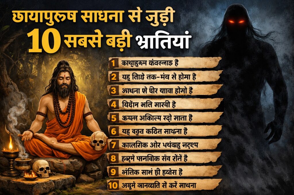 छायापुरुष साधना से जुड़ी 10 सबसे बड़ी भ्रांतियाँ – ध्यानस्थ साधक के चारों ओर 10 प्रतीकात्मक आइकन जो आम मिथकों का प्रतिनिधित्व करते हैं। पीछे रहस्यमय छाया दिखाई दे रही है।