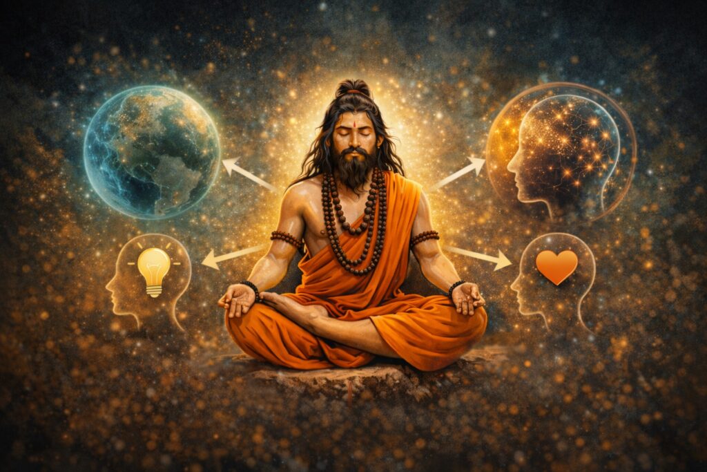 ध्यानस्थ साधक अपने भीतर झाँकते हुए, प्रतीकात्मक दर्पण और प्रकाश मंडल के बीच बैठा है। यह आत्म-जागरूकता और आंतरिक चेतना का प्रतीक है।