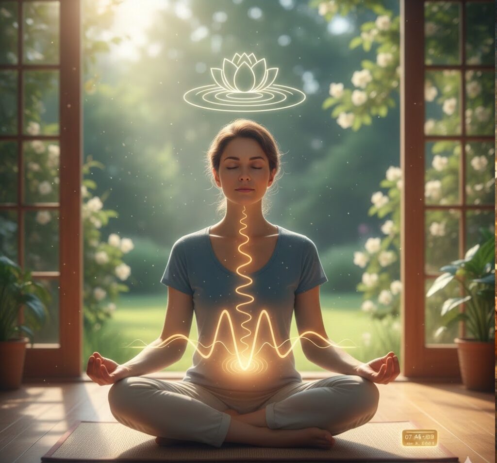 ध्यान करते साधक, साँस पर ध्यान केंद्रित, शांतिपूर्ण वातावरण में बैठा है। हल्की रोशनी और ऊर्जा मंडल सांस की गति का प्रतीक है।